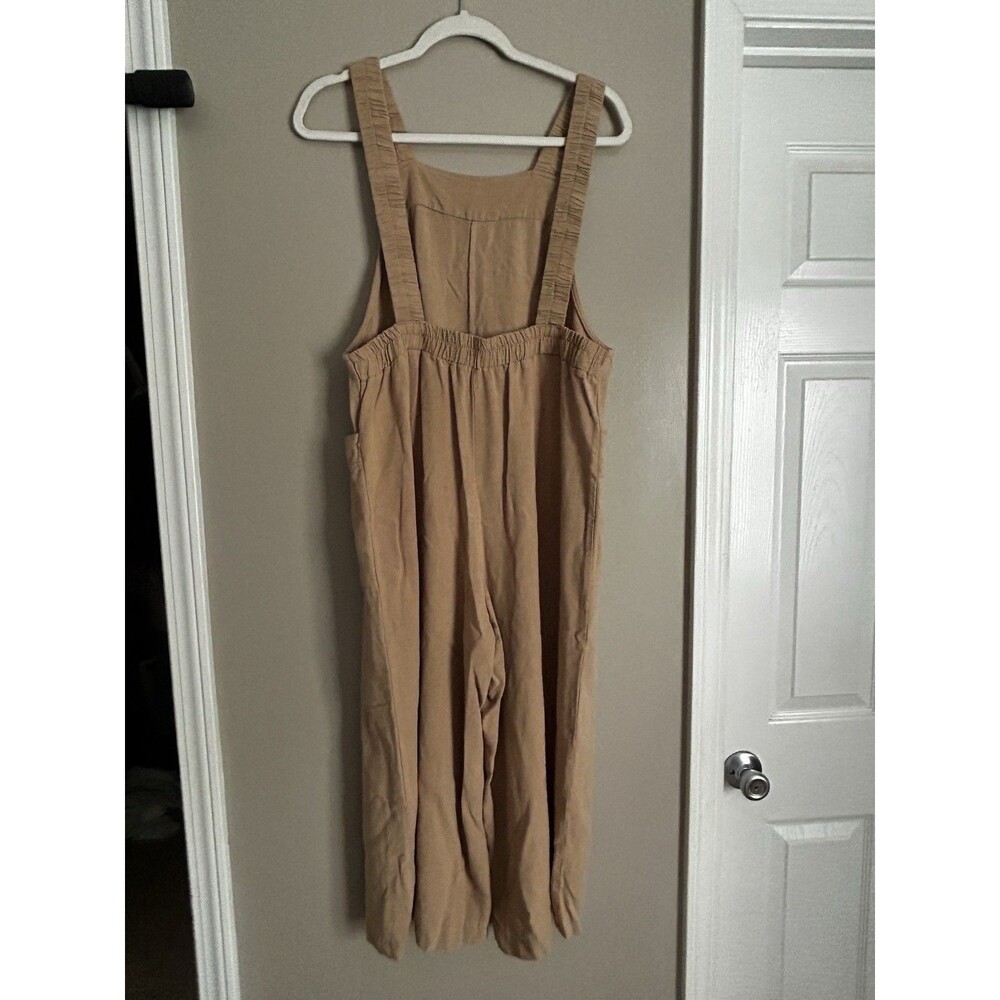 Women’s Linen Blend Wide Leg Jumpsuit Overalls Tan Beige Pockets Casual Size S - Picture 2 of 7